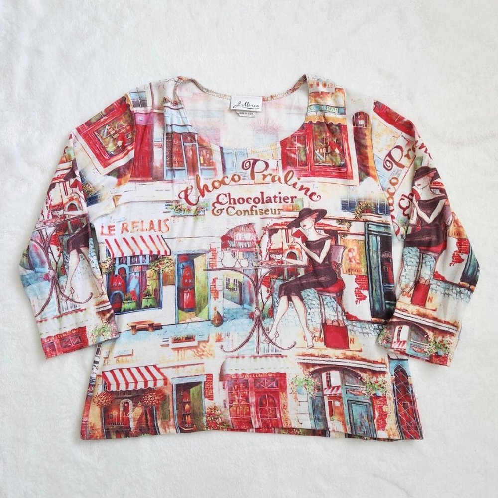 Vintage 90s French Art Print Top Large Paris Cafe J Marco Cyber Rhinestones Y2K - Picture 2 of 16